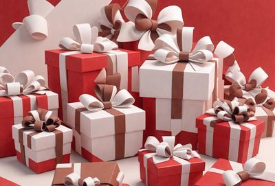 The primary subject of the image is a collection of wrapped presents. The presents are arranged in various positions, creating a visually appealing scene. The setting is a table, and the visual style is a combination of photo and digital art. The colors and mood of the image are predominantly red, which adds a warm and festive atmosphere to the scene.